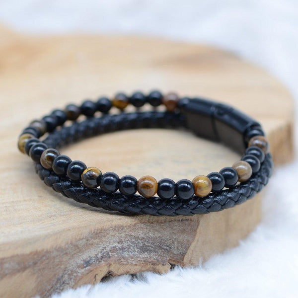 Bracelet "Confiance & Force" en Oeil de Tigre & Agate Noire Tressé Homme - lespierresdubienetre