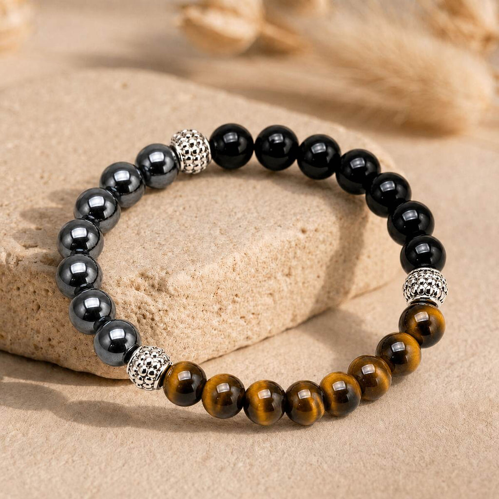 Bracelet "Triple" en Hematite, Oeil-de-Tigre et Obsidienne