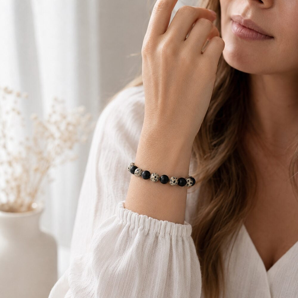 Bracelet "Minceur" Mix en Agate Noire & Jaspe Dalmatien