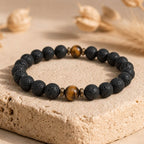 Bracelet "Protection et Confiance" en Oeil-de-Tigre & Pierre de Lave Intercalaires Bronze