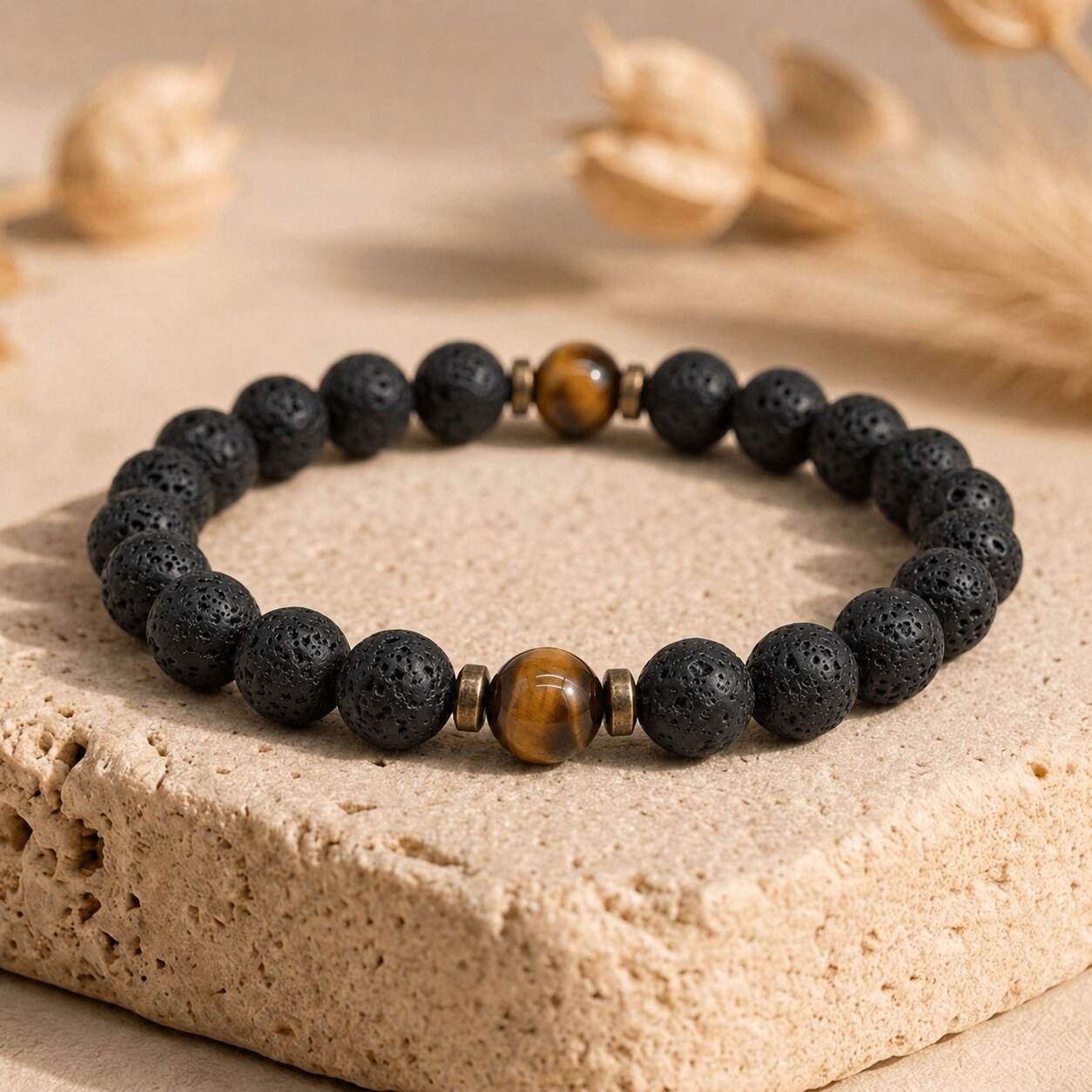 Bracelet "Protection et Confiance" en Oeil-de-Tigre & Pierre de Lave Intercalaires Bronze