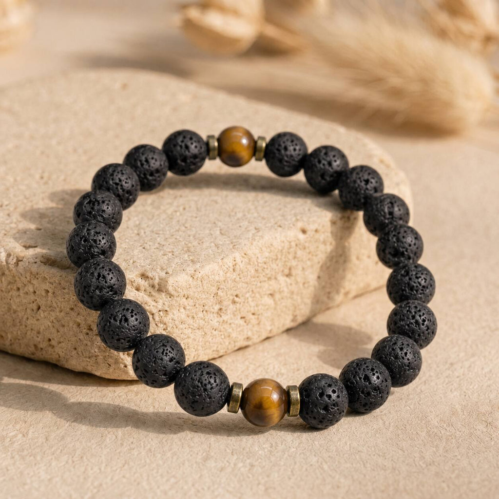 Bracelet "Protection et Confiance" en Oeil-de-Tigre & Pierre de Lave Intercalaires Bronze