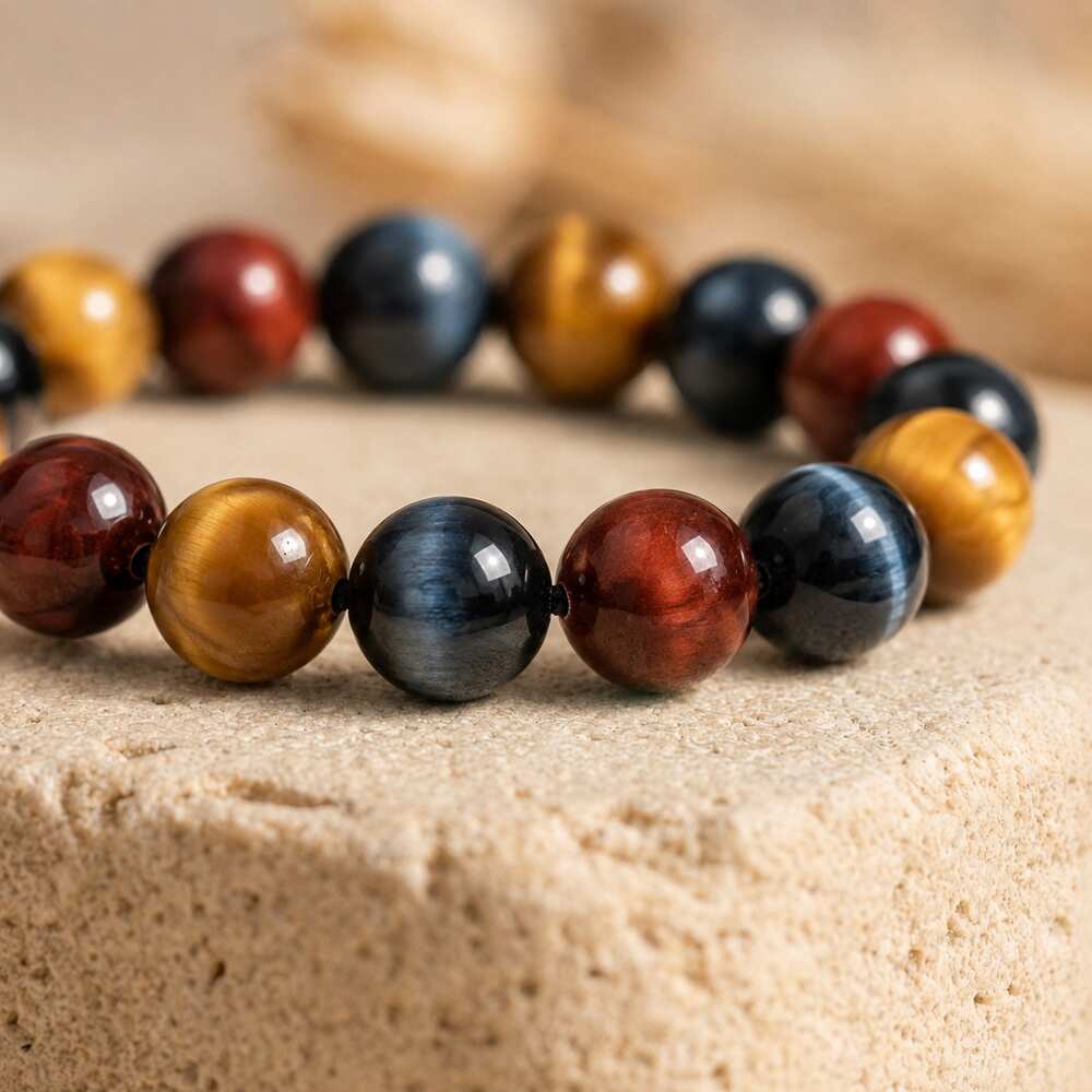 Bracelet "Oeil Triple" en Oeil-de-Tigre/Taureau/Céleste