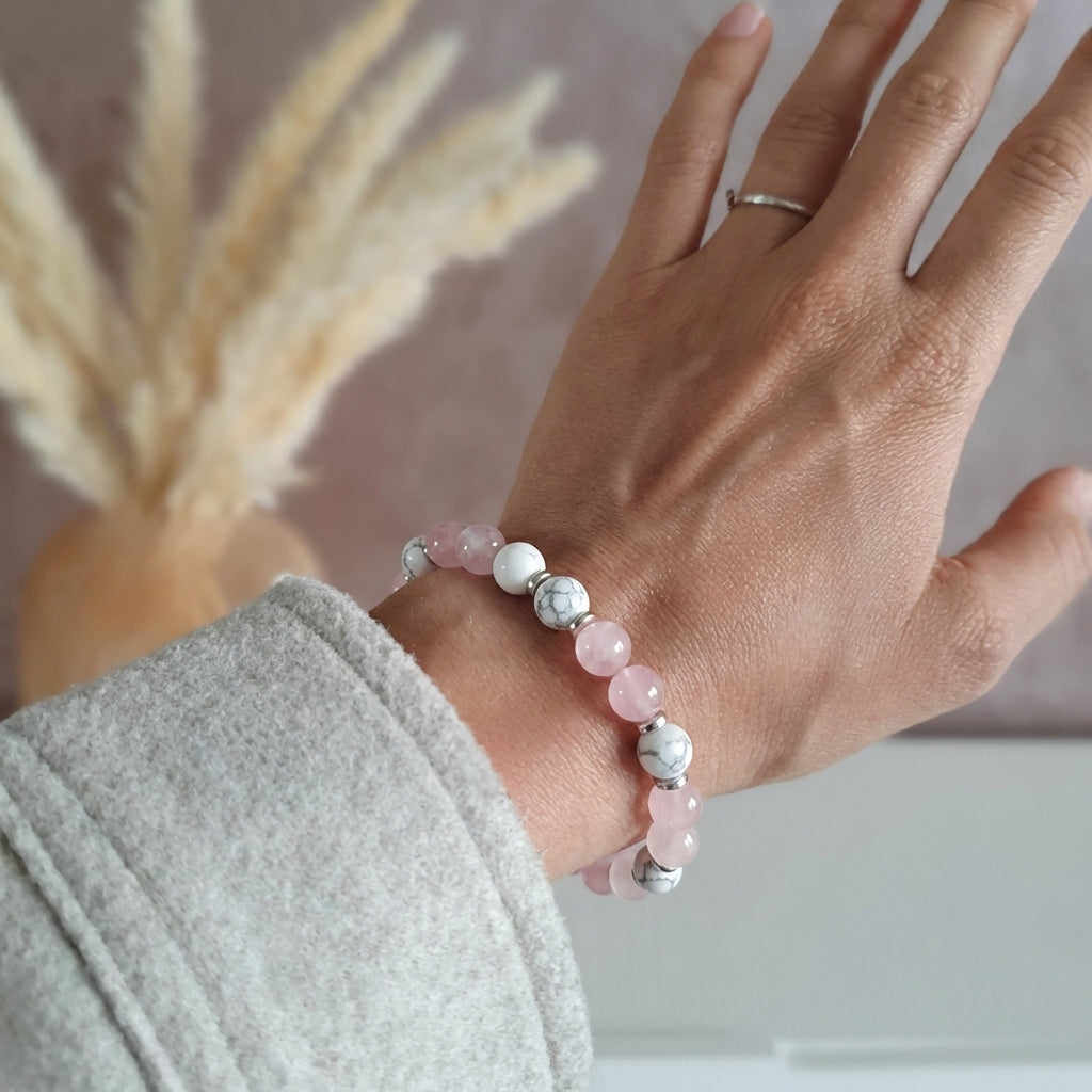 Bracelet "Anti-Douleurs" en Quartz Rose & Howlite