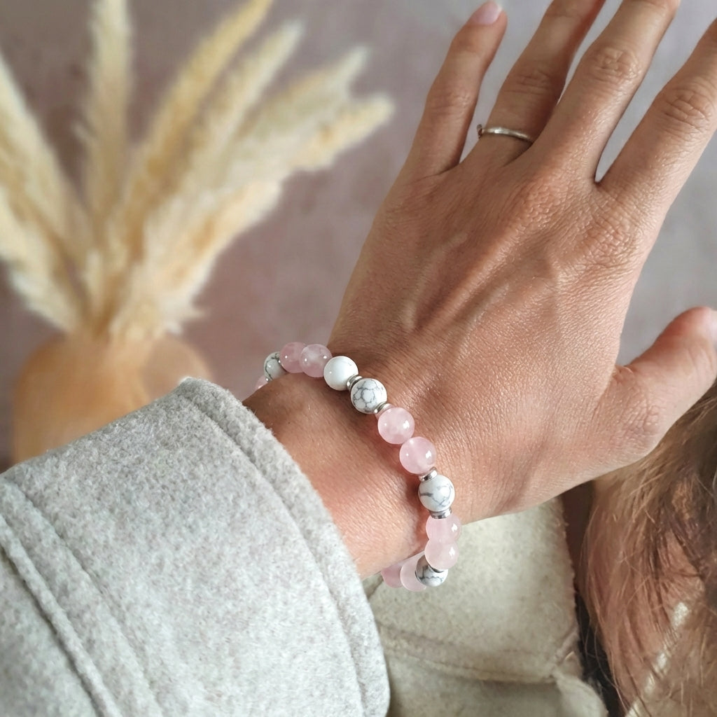Bracelet "Anti-Douleurs" en Quartz Rose & Howlite
