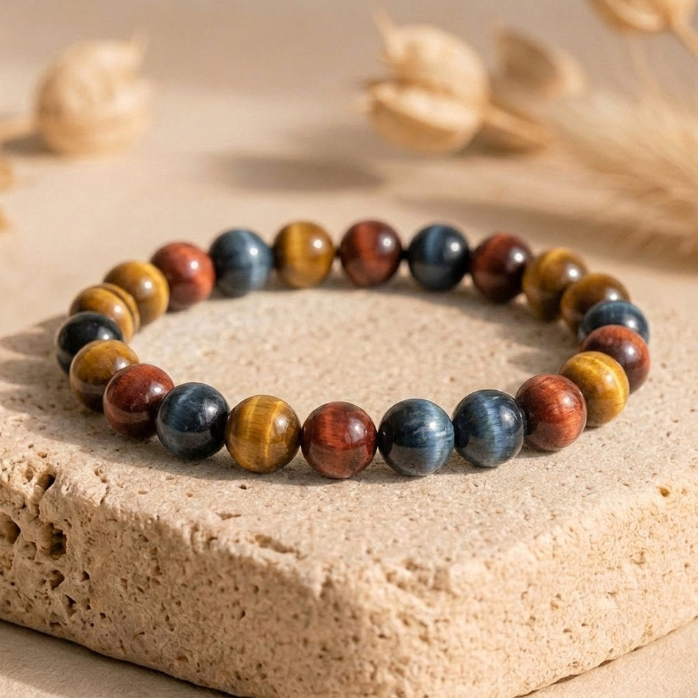 Bracelet "Oeil Triple" en Oeil-de-Tigre/Taureau/Céleste