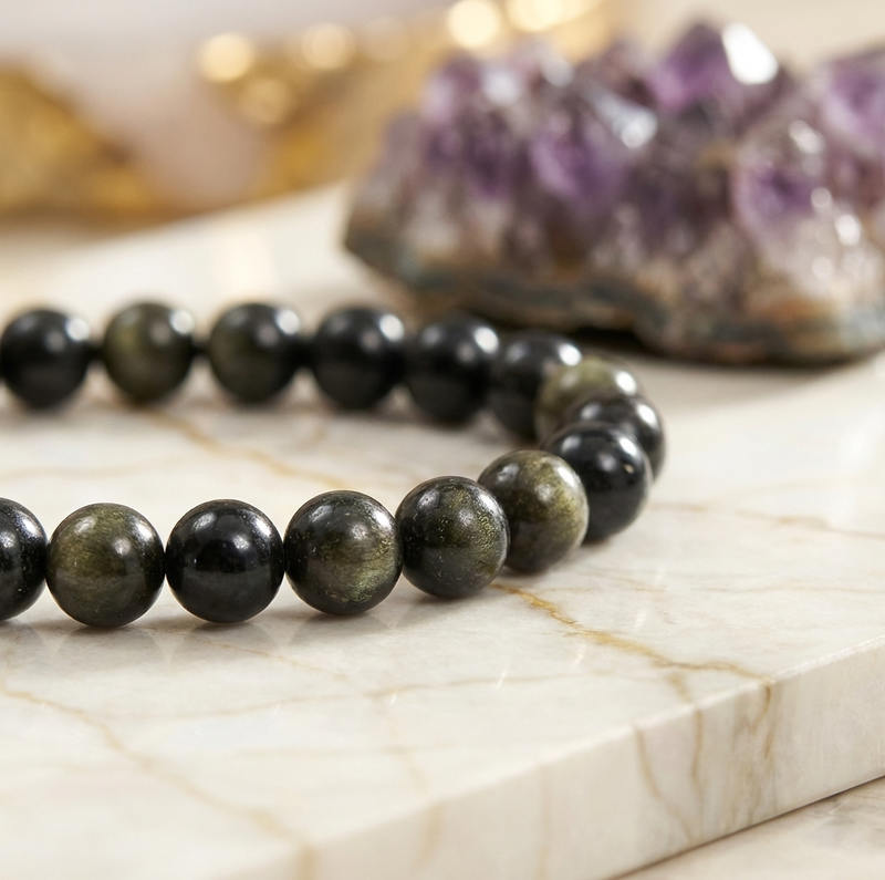 Bracelet "Bouclier" en Obsidienne Dorée